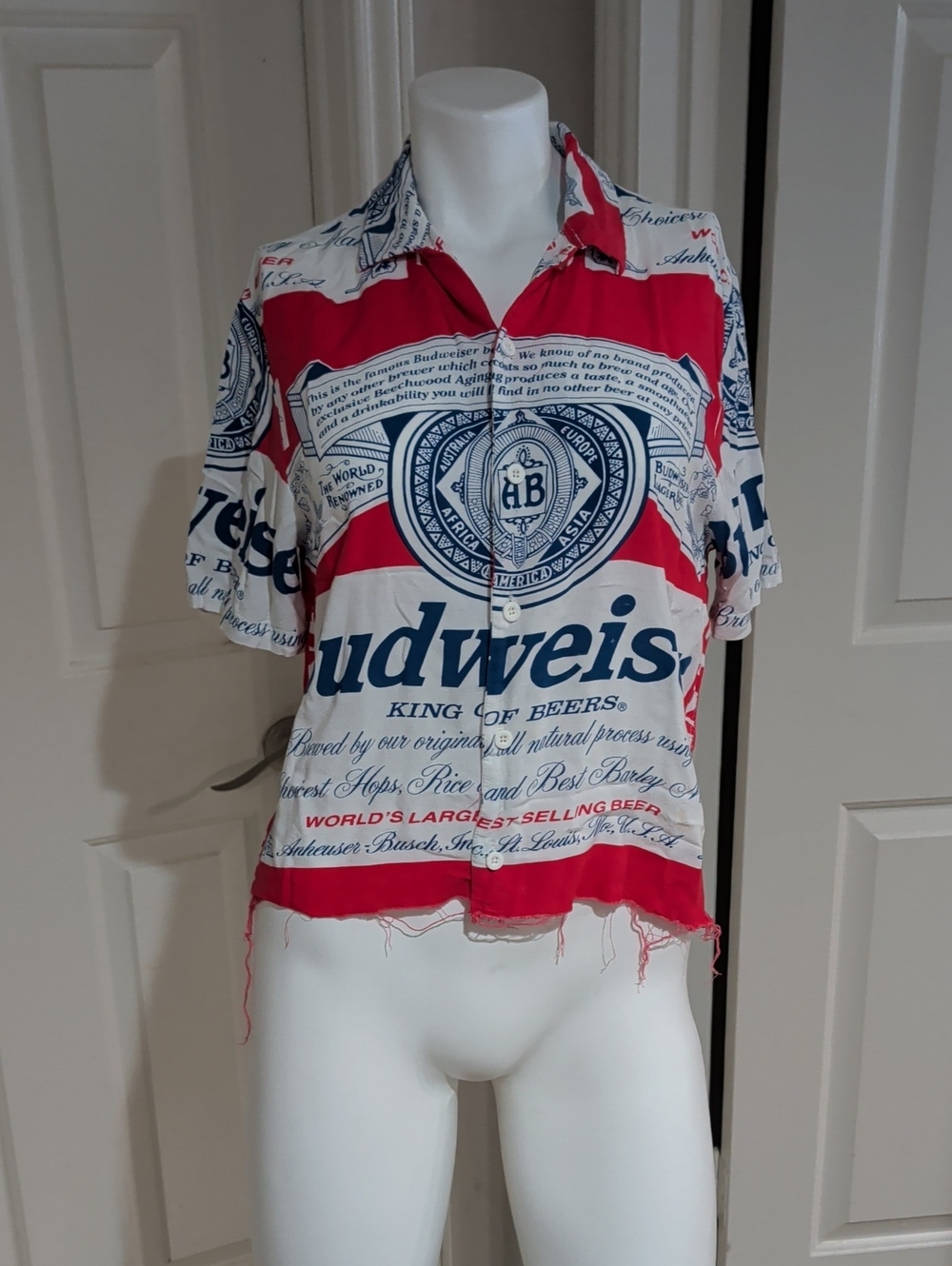 Budweiser Red, White and Navy Logo Button-Up Shirt W/ Frayed Hem Women's Medium